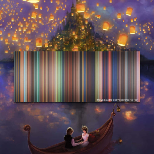 Tangled movie barcode canvas print, the whole film as stripes of color