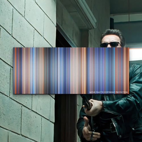 Terminator 2: Judgment Day movie barcode canvas print, the whole film as stripes of color