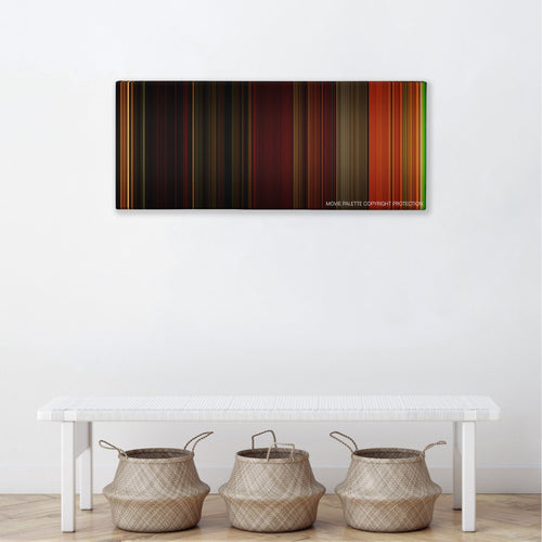 Irreversible color palette canvas above a white bench with three woven baskets