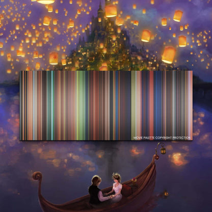 Tangled movie barcode canvas print, the whole film as stripes of color