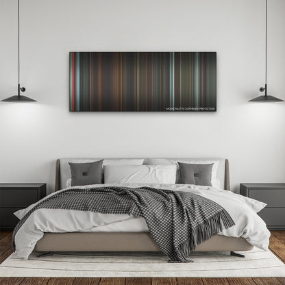 Longlegs color palette canvas above a bed, between two black pendant lamps