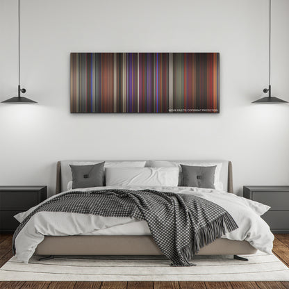 Last Night in Soho color palette canvas above a bed, between two black pendant lamps