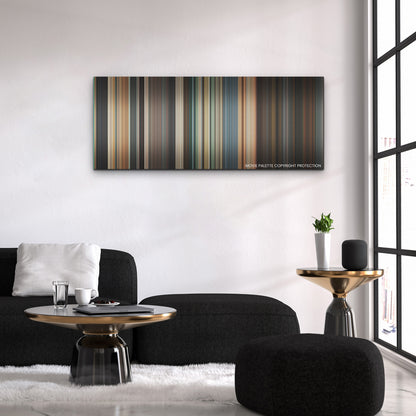 Day Shift color palette canvas above a black sofa with a gold-topped table