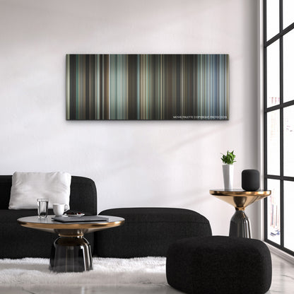 Godzilla Minus One color palette canvas above a black sofa with a gold-topped table