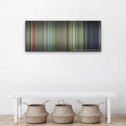 Cocaine Bear color palette canvas above a white bench with three woven baskets