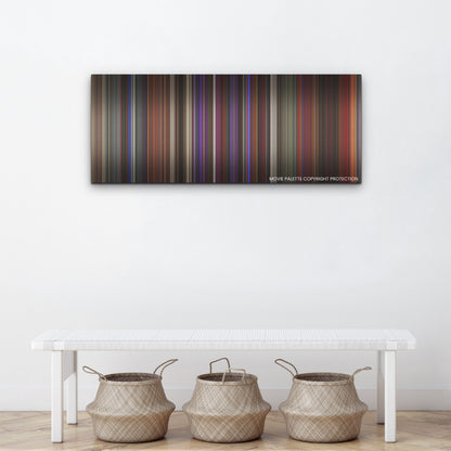 Last Night in Soho color palette canvas above a white bench with three woven baskets