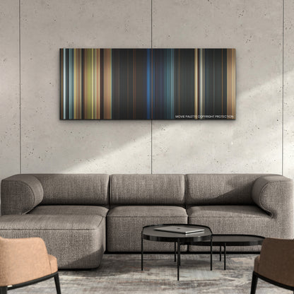 Damsel color palette canvas on a concrete wall above a gray sectional sofa