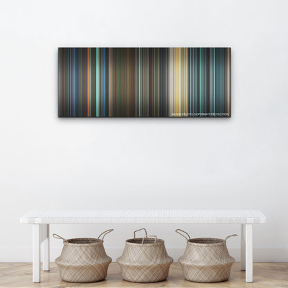 Heart of Stone color palette canvas above a white bench with three woven baskets
