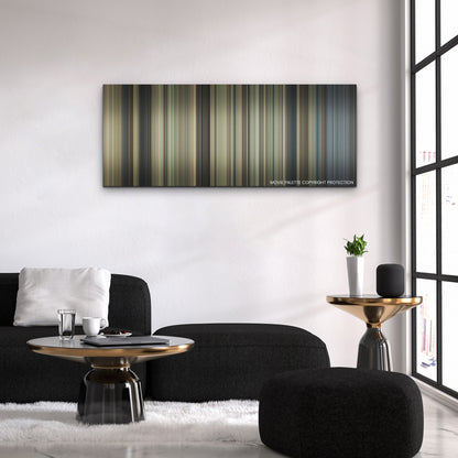 King Richard color palette canvas above a black sofa with a gold-topped table