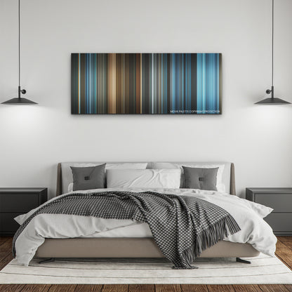 The Mother color palette canvas above a bed, between two black pendant lamps