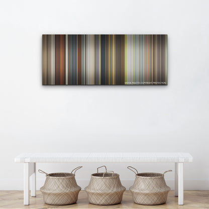 The Harder They Fall color palette canvas above a white bench with three woven baskets