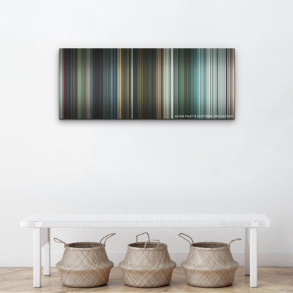 The Suicide Squad color palette canvas above a white bench with three woven baskets