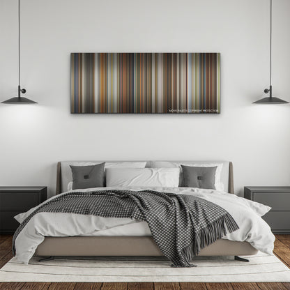 Three Thousand Years of Longing color palette canvas above a bed, between two black pendant lamps