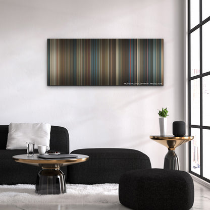 Ghostbusters: Frozen Empire color palette canvas above a black sofa with a gold-topped table