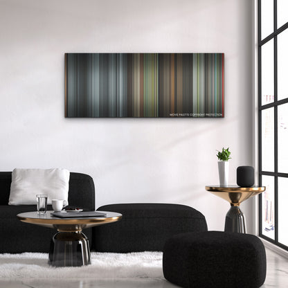 Maestro color palette canvas above a black sofa with a gold-topped table