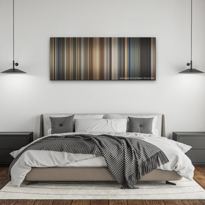 Sound of Freedom color palette canvas above a bed, between two black pendant lamps