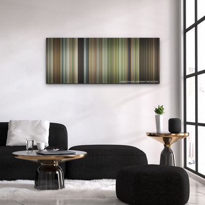 Civil War color palette canvas above a black sofa with a gold-topped table