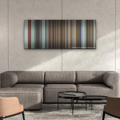 Infinity Pool color palette canvas on a concrete wall above a gray sectional sofa