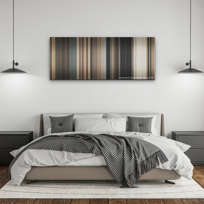 Finch color palette canvas above a bed, between two black pendant lamps