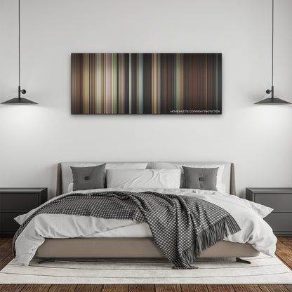 Beau Is Afraid color palette canvas above a bed, between two black pendant lamps