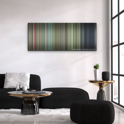 Cocaine Bear color palette canvas above a black sofa with a gold-topped table