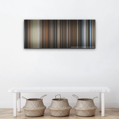The Hand of God color palette canvas above a white bench with three woven baskets