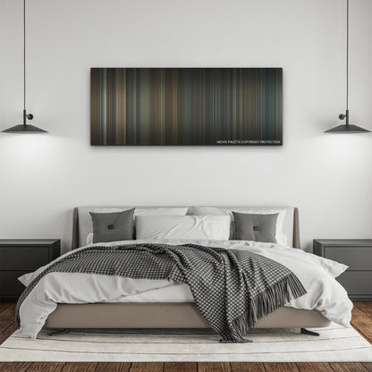 The Pope's Exorcist color palette canvas above a bed, between two black pendant lamps
