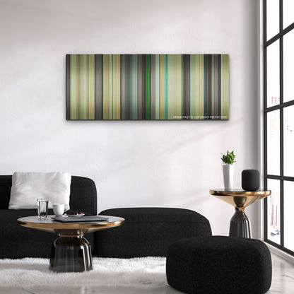 Asteroid City color palette canvas above a black sofa with a gold-topped table