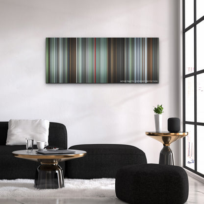 The Zone of Interest color palette canvas above a black sofa with a gold-topped table