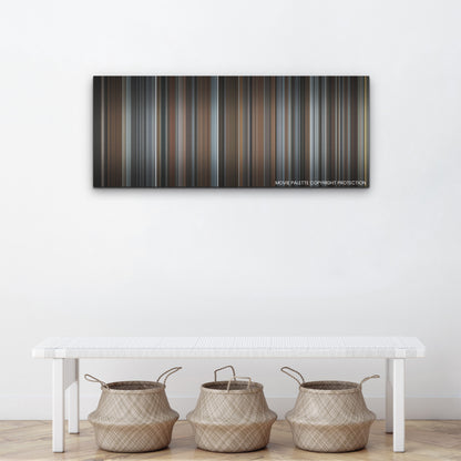 T√°r color palette canvas above a white bench with three woven baskets