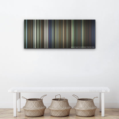 Candyman color palette canvas above a white bench with three woven baskets