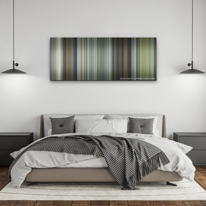 Leave the World Behind color palette canvas above a bed, between two black pendant lamps