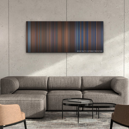 Violent Night color palette canvas on a concrete wall above a gray sectional sofa