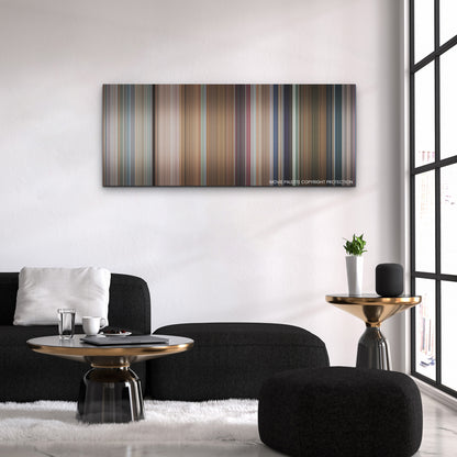 You People color palette canvas above a black sofa with a gold-topped table