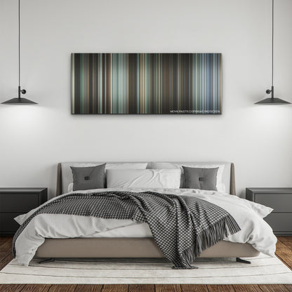 Godzilla Minus One color palette canvas above a bed, between two black pendant lamps