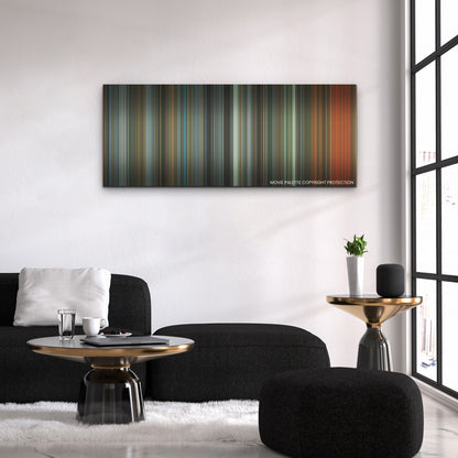 Samaritan color palette canvas above a black sofa with a gold-topped table