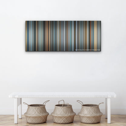 House of Gucci color palette canvas above a white bench with three woven baskets