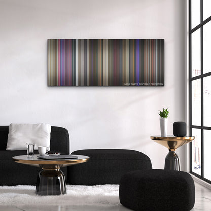 Marry Me color palette canvas above a black sofa with a gold-topped table