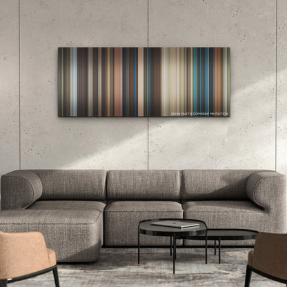 Shazam! Fury of the Gods color palette canvas on a concrete wall above a gray sectional sofa
