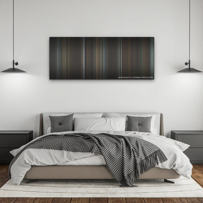 Immaculate color palette canvas above a bed, between two black pendant lamps