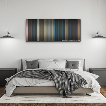 65 color palette canvas above a bed, between two black pendant lamps