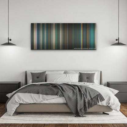 Beetlejuice Beetlejuice color palette canvas above a bed, between two black pendant lamps