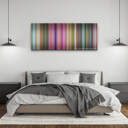 Strange World color palette canvas above a bed, between two black pendant lamps