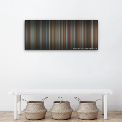 Fair Play color palette canvas above a white bench with three woven baskets