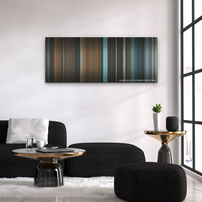 Talk to Me color palette canvas above a black sofa with a gold-topped table