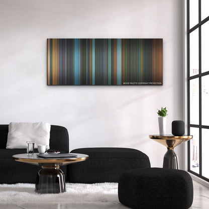 John Wick: Chapter 4 color palette canvas above a black sofa with a gold-topped table