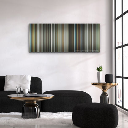 Spiderhead color palette canvas above a black sofa with a gold-topped table