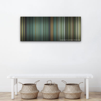 Land of Bad color palette canvas above a white bench with three woven baskets