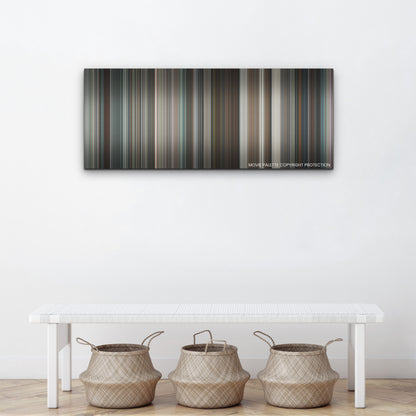 Emily the Criminal color palette canvas above a white bench with three woven baskets
