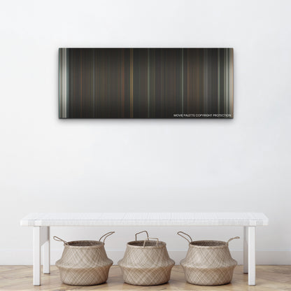 A Haunting in Venice color palette canvas above a white bench with three woven baskets
